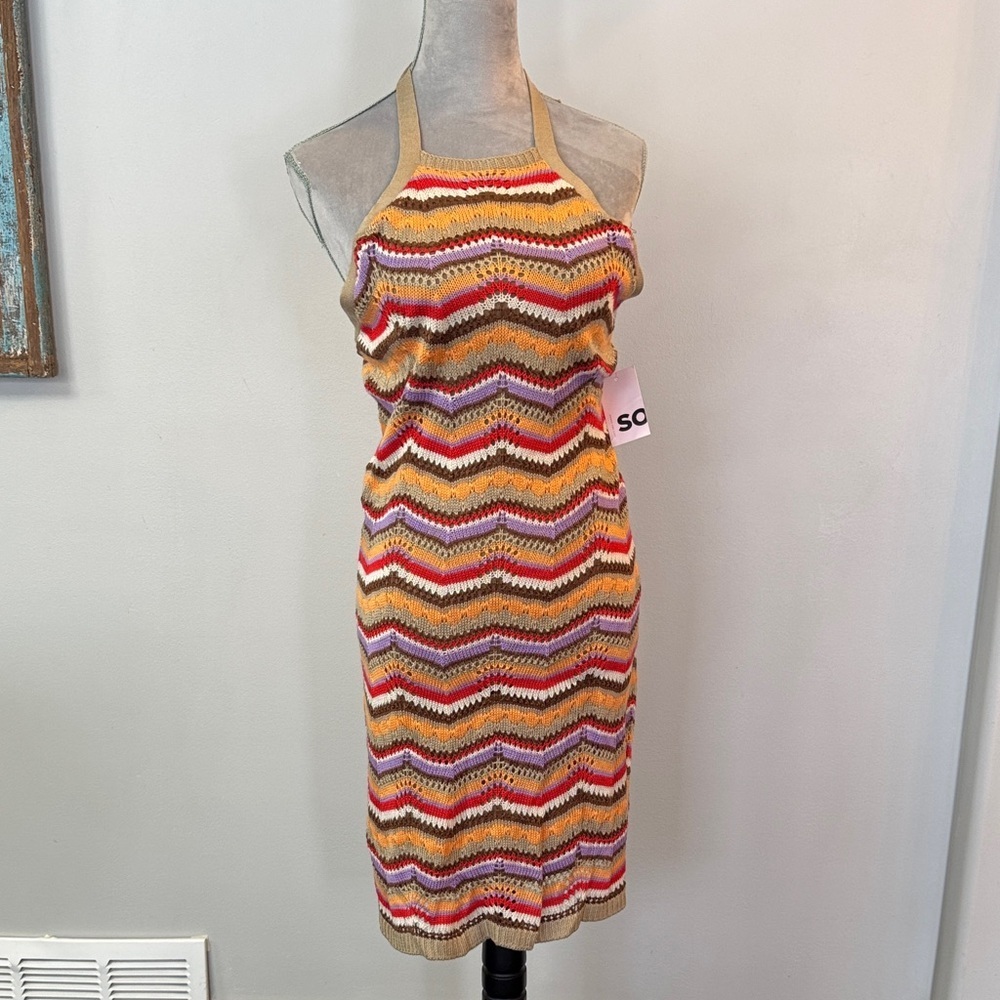 SO Multicolor Chevron Knit halter top Midi Dress NWT L
